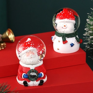 Christmas snow globe featuring Santa and Snowman with swirling white snow and festive decor