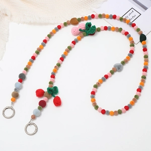 Colorful plush beaded phone crossbody strap with knitted cherry and heart charms