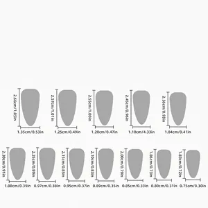 Size chart for yellow almond French press-on nails with 12 sizes and 24 pieces set