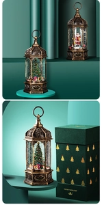 Detail of bronze Christmas lantern music box with santa and festive gift box