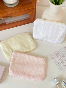 Vertical Ribbed Fabric Coin Purse Lace Embroidery Zippered Cosmetic Bag Travel Organization Portable Retro Women Pouch
