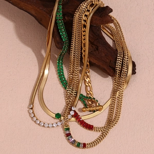 18K gold-plated stainless steel chain necklace set with colorful zircon gemstones