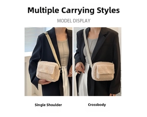 Plush faux fur crossbody bag in oatmeal white with adjustable strap for daily styling