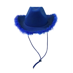 Deep blue western cowboy hat with fluffy feather trim and adjustable chin strap