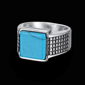 Vintage stainless steel signet ring for men featuring a square turquoise stone inlay