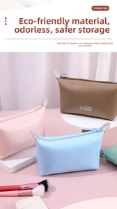 Detail of waterproof PU leather dumpling makeup bags in pastel pink, blue and green