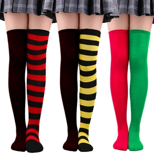 Colorful striped thigh high socks for women in various vibrant color combinations