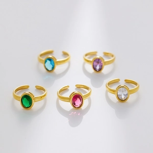 Vintage gold plated stainless steel adjustable rings set with oval colorful zircons