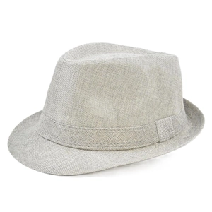 Close-up of light gray fedora hat showing detailed linen weaving and decorative band