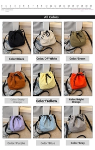 Nine color options for the nylon drawstring bucket bag with scale for size reference