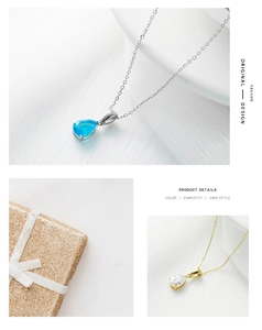 Detalle de los collares con colgantes de gota en acabado oro y plata con caja de regalo