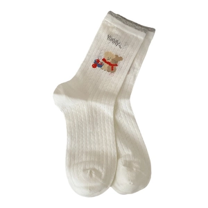 White cotton mesh socks with cute cartoon bear embroidery and gray rimmed cuffs