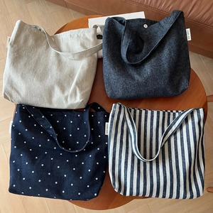 Vintage Denim Canvas Shoulder Underarm Bag Polka Dot Stripe Large Capacity Magnetic Closure For Women Casual Literary