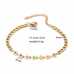 Gold-plated stainless steel chain bracelet with colorful enamel flowers for women
