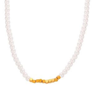 Elegant vintage titanium steel necklace with white pearls and gold cube bead center