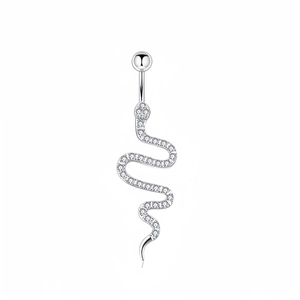 Macro shot of silver S925 snake belly ring set with shiny cubic zirconia stones