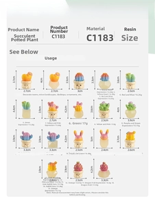 Size chart showing dimensions and weight for resin succulent miniature plant ornaments