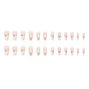 French style light pink press-on nails with black dots and white hearts, 24 piece set