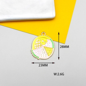 Detailed size chart of colorful enamel pizza pendant charm measuring 28mm by 23mm