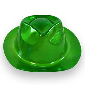 Metallic green plastic fedora hat for St. Patrick's Day parties and festive events