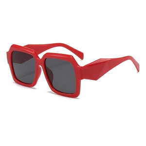 Fashion oversized square red sunglasses with geometric temples and dark gray lenses