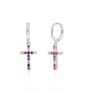 S925 sterling silver cross hoop earrings featuring vibrant multi-color zircon stones