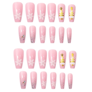 Christmas snowflake press-on nail set with pink glitter, rhinestones, and tree designs