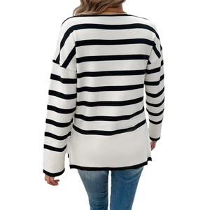 Women's casual long sleeve knit sweater with classic white and black horizontal stripes