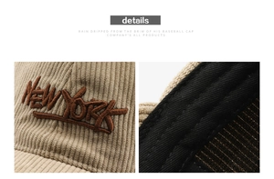 Detail showing the corduroy texture and premium New York 3D embroidery on the beige cap