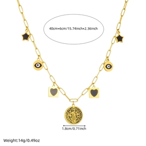 Vintage gold plated stainless steel necklace with engraved celestial and heart pendants