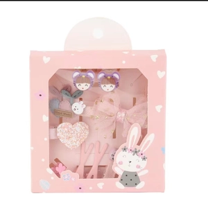 Rosa Haarschmuck-Set für Kinder in Geschenkbox mit Schleifen und Pailletten-Herz-Clips