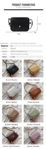Detailed chart showing PU leather crossbody square bag dimensions and eight color options