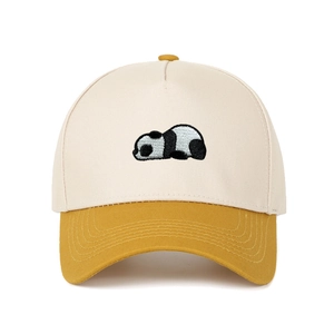 Close-up of embroidered panda and high-quality cotton twill texture on the baseball cap