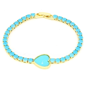 Detail of gold plated heart tennis bracelet with blue zircon and secure fold-over clasp