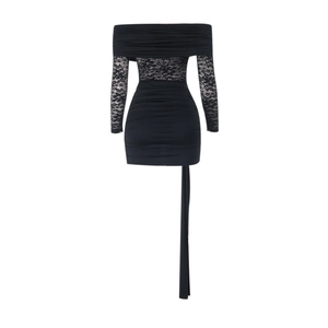 Detail of off-shoulder lace sleeves and side ribbon on a slim black mini dress
