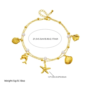 Double-layered gold stainless steel anklet with shell, starfish and dolphin pendants