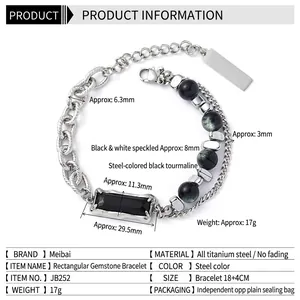Titanium steel bracelet with cat eye stone and rectangular black gem in steel color