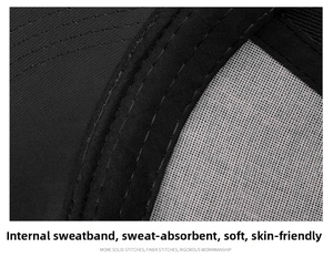 Detail of the inner sweatband and breathable mesh lining of the black cotton cap