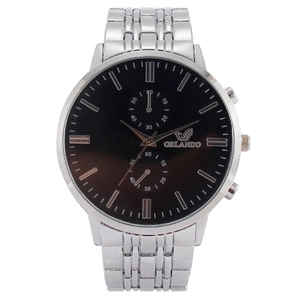Classic silver metal quartz watch for men featuring a black dial and Orlando branding