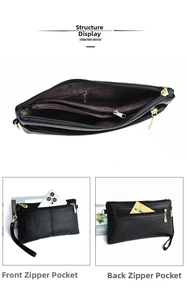 Internal compartments and pockets of a black litchi leather crossbody square bag