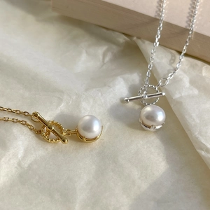 925 Sterling Silver OT Buckle Necklace with Single Round Pearl Pendant in Gold and Silver