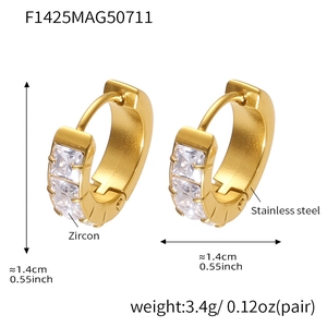 Close-up of 18k gold plated stainless steel hoop earrings with three square-cut zircons
