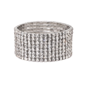 Luxurious wide multi-row zircon stretch bracelet with sparkling silver finish and crystals