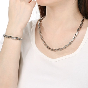 Polished silver stainless steel rectangular link chain necklace and bracelet set on model