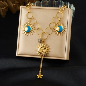 Vintage Stainless Steel Gold Plated Sun Moon Star Pendant Necklace For Women Retro Bohemian Asymmetric Tassel Chain