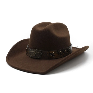 Classic dark brown western cowboy hat with felt texture and bull head buckle decor