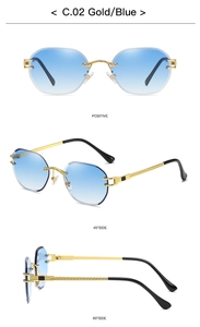 Detailed views of rimless hexagonal sunglasses with gold frames and blue gradient lenses