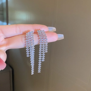Luxurious long tassel earrings with sparkling rhinestones and silver needle plating