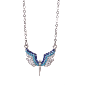 Titanium steel angel wing necklace with heart blue zircon pendant on white background