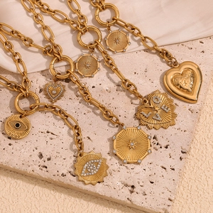 Stainless Steel 18K Gold Plated Heart Sun Pendant Necklace With Rhinestone O-Chain Retro Fashion Jewelry For Women